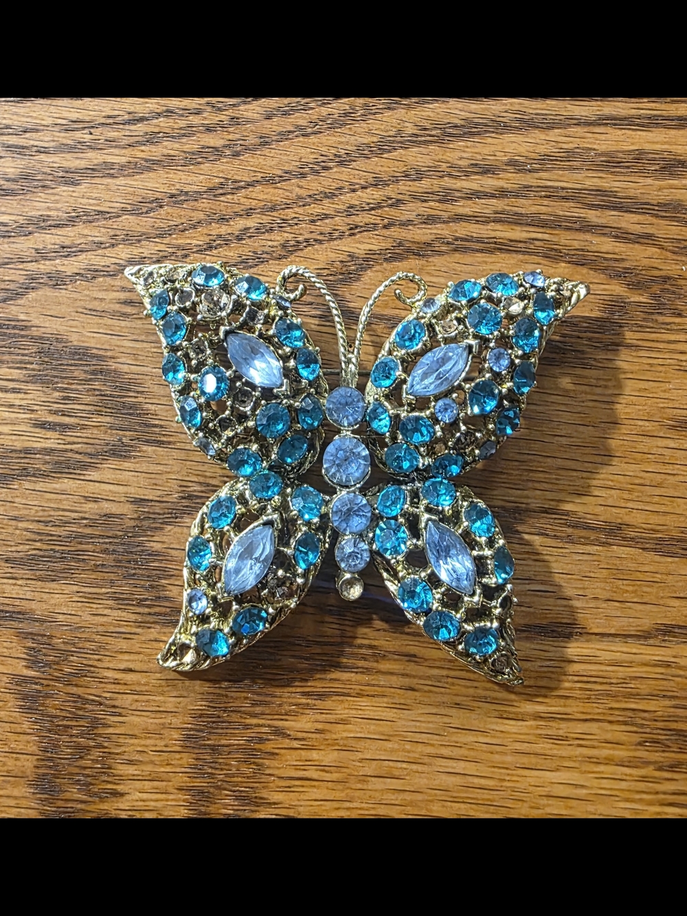 Gold-Tone Butterfly Brooch with Aqua & Light Blue Rhinestones